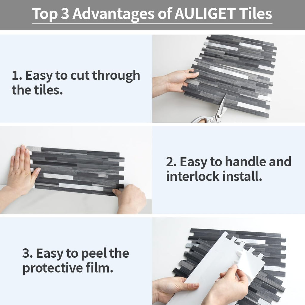 20 Sheets Peel and Stick Backsplash, Black & Grey Wood Look PVC Mixed Metal Stick on Backsplash Tiles