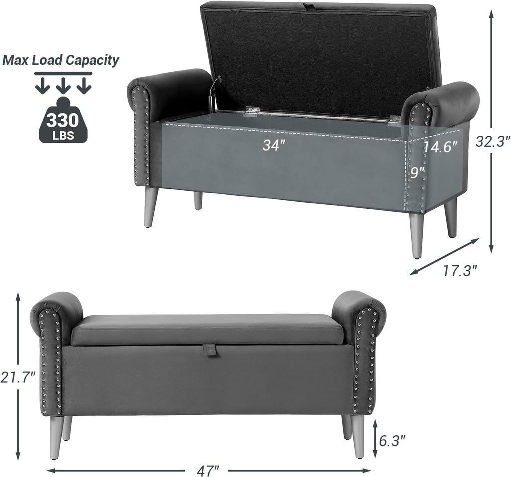 Storage Bench - Grey Velvet Bench with Storage 47" | Featuring Rolled Arms Decorative Nailhead Trim Safety Hinge