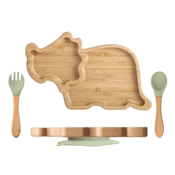 Plate Set with Suction - Dinosaur Divided Toddler Dishes with Matching Fork & Spoon | Natural Wood Stay-Put Feeding