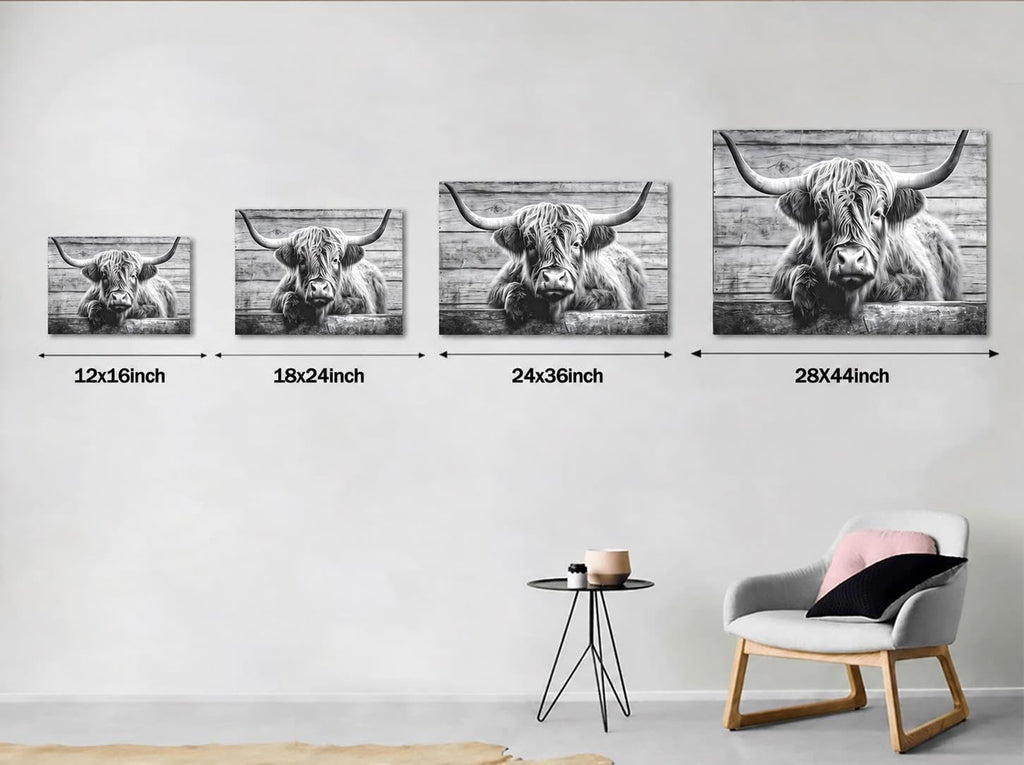 Large Highland Cow Canvas Wall Art Black and White Pasture Hairy Cow Pictures Vintage Wooden Panel Background Cow