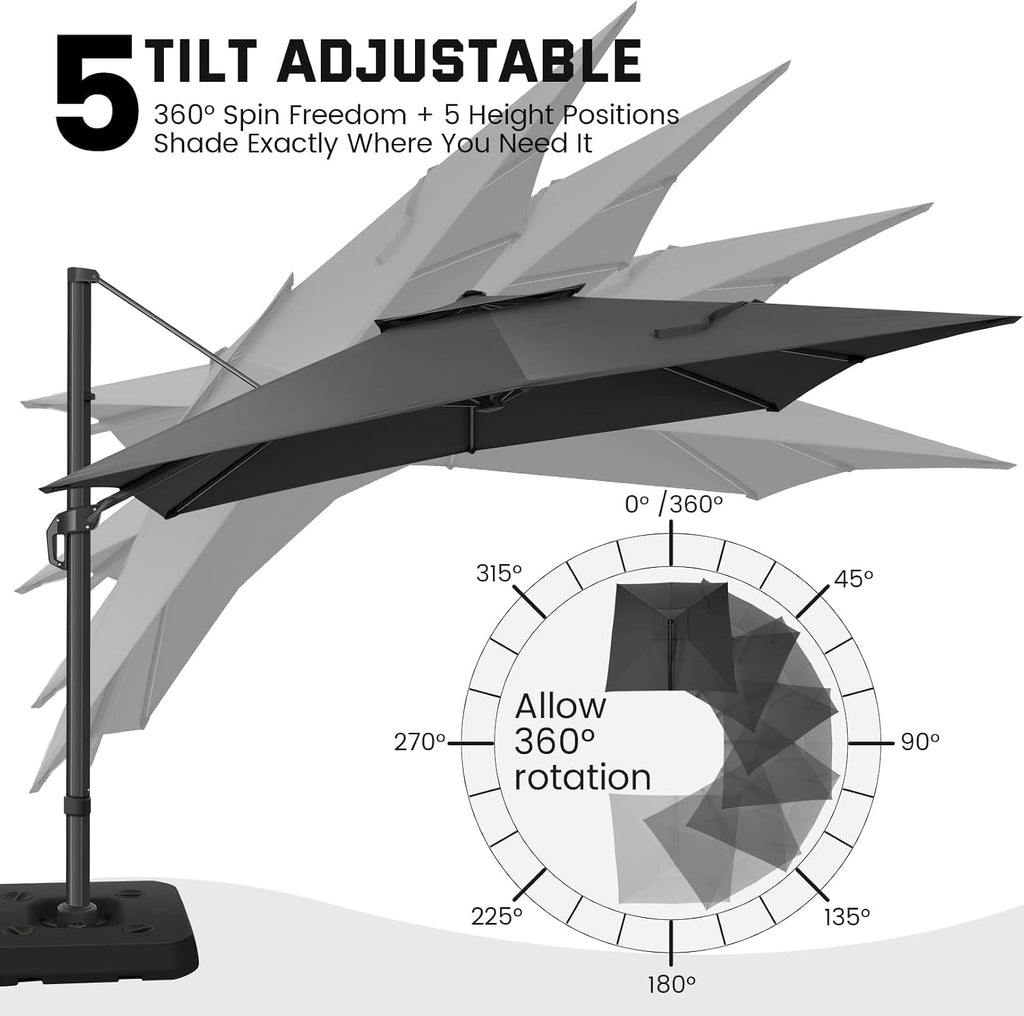 Outdoor Patio Umbrella - 10ft Cantilever Umbrella Heavy Duty Offset Umbrellas with Stand - GRAY