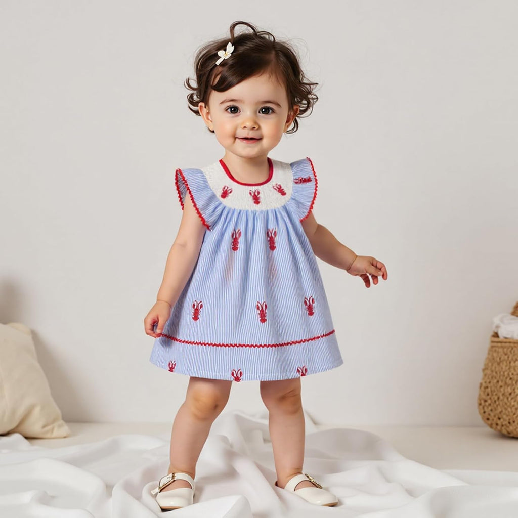 Toddler Baby Girl Crawfish Smocked Short Sleeve Dress Outfits