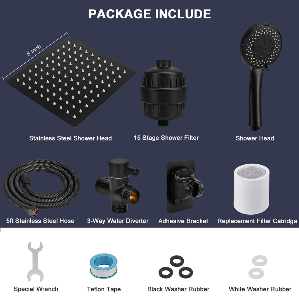 Filtered Rain Shower Head, High Pressure 8′′Square, and 5 settings Handheld Shower Filter Combo with Self-adhesive