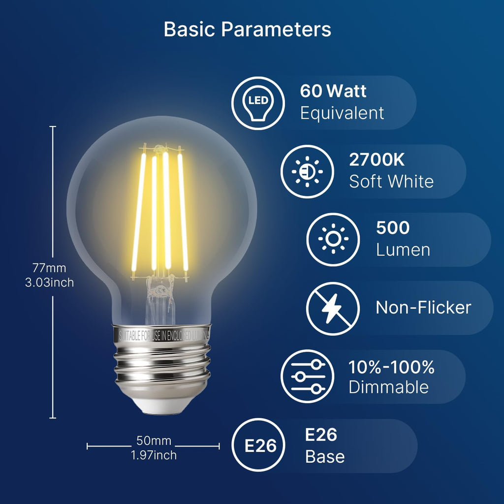 60W Equivalent LED Globe Candelabra Bulbs, Dimmable G16.5 LED E26 Chandelier Light Bulbs, 500LM, CRI82, 4W, AC 120V