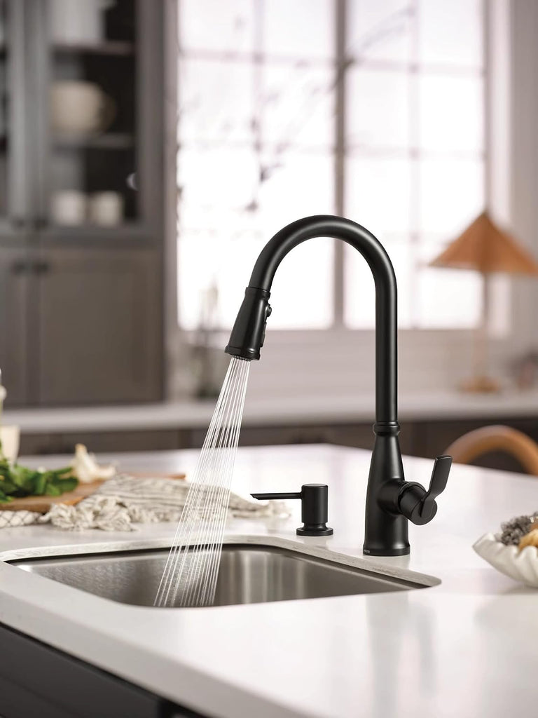 Nolia Matte Black Kitchen Faucet with Soap Dispenser, Pull Down Sprayer with Power Boost, Transitional High Arc