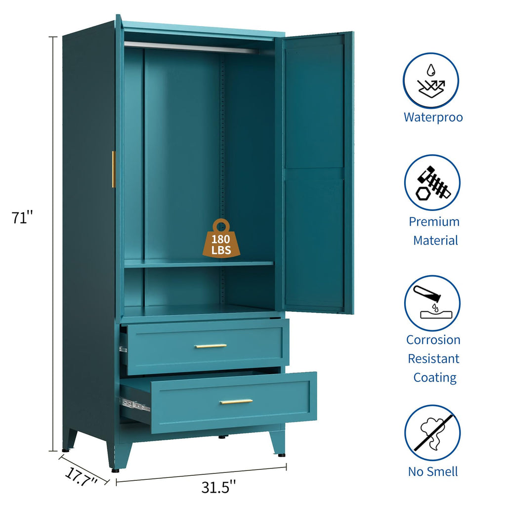 Steel Armoire Wardrobe Closet, 71" Metal Clothing Storage Cabinets with 2 Doors, 2 Drawers and 1 Adjustable Shelf
