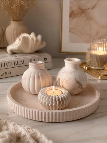 Beige Marble Pattern Decorative Tray Set with Round Vases & Candle Holder | 5-Piece Modern Living Room, Coffee Table
