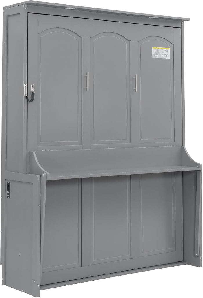 Queen Murphy Bed with Desk, Hideaway Wall Bed Frame with LED Lights and USB Ports, Folding Murphy Cabinet Bed for