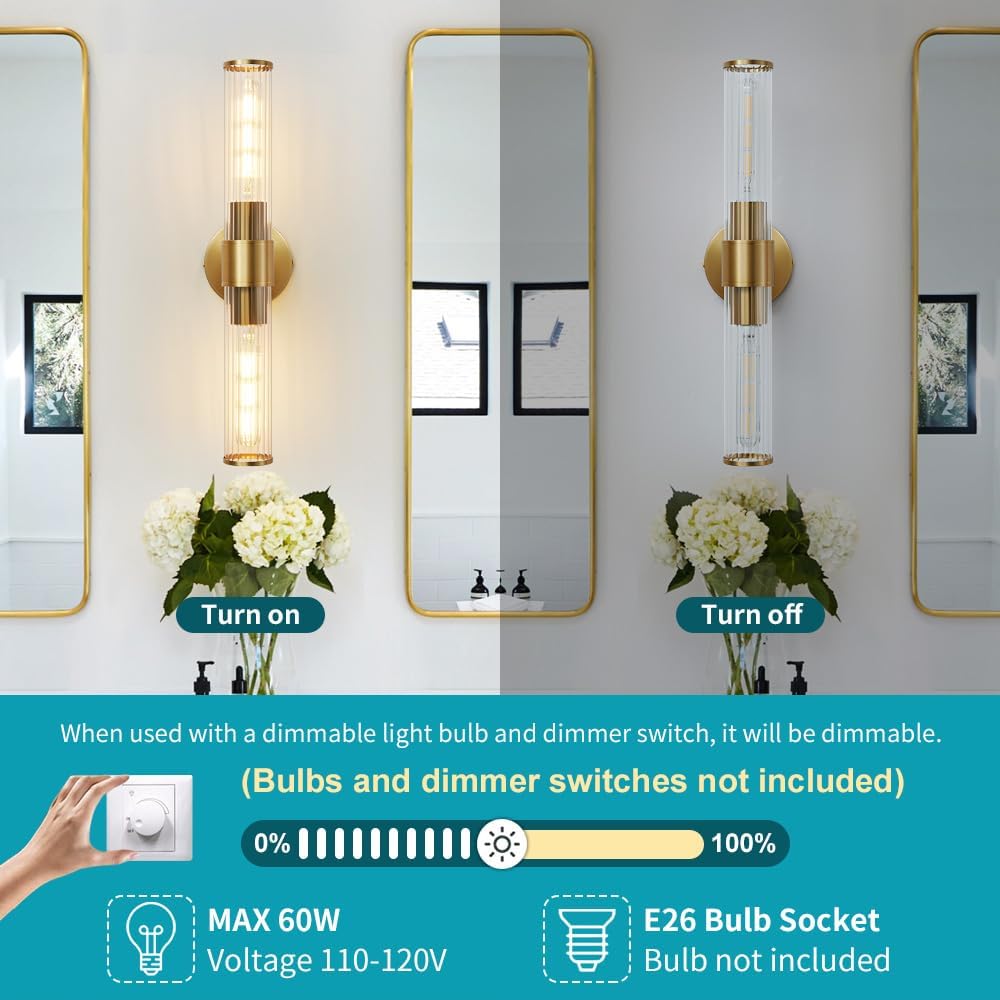 Hardwired Bathroom Light Fixtures, Gold Wall Sconce in Threaded Glass Indoor Wall Sconces, Modern Bathroom Vanity