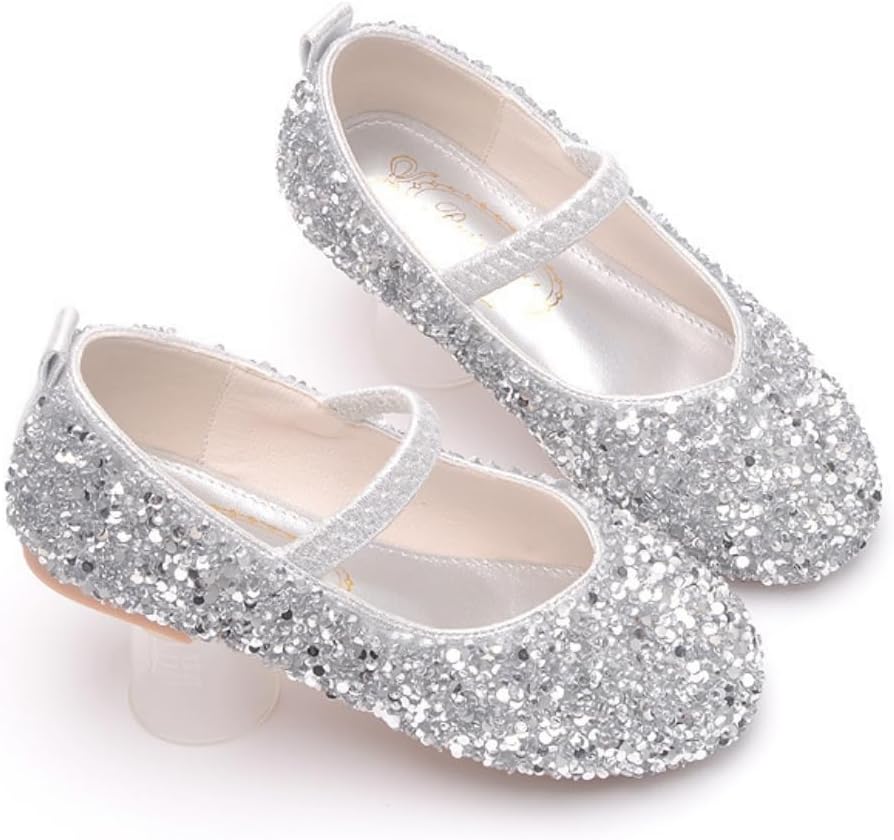 Girls Classic Slip on Mary Jane Ballet Flats Glitter Wedding Party Bridesmaids Flower Girl Princess Dress Shoes