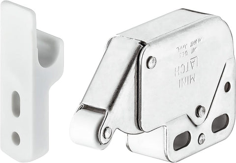 Push-to-Open Mini Latch with Strike - Automatic Spring Catch Touch Release Lock for Cabinets, Dressers, Cupboards, and