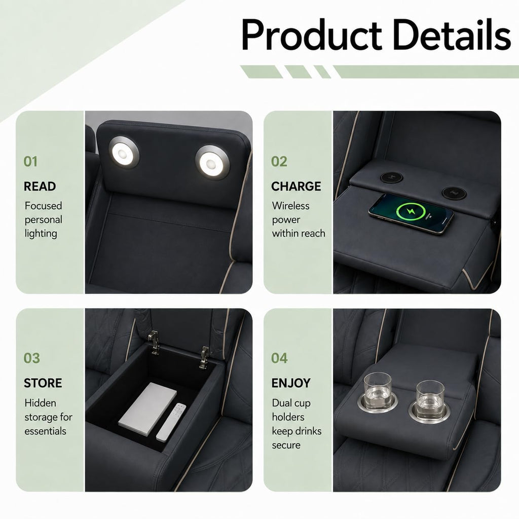 3-Piece Power Recliner Sofa Set, Leather Reclining Couch Set with Ambient LED Lights, Storage Console, USB-C Ports