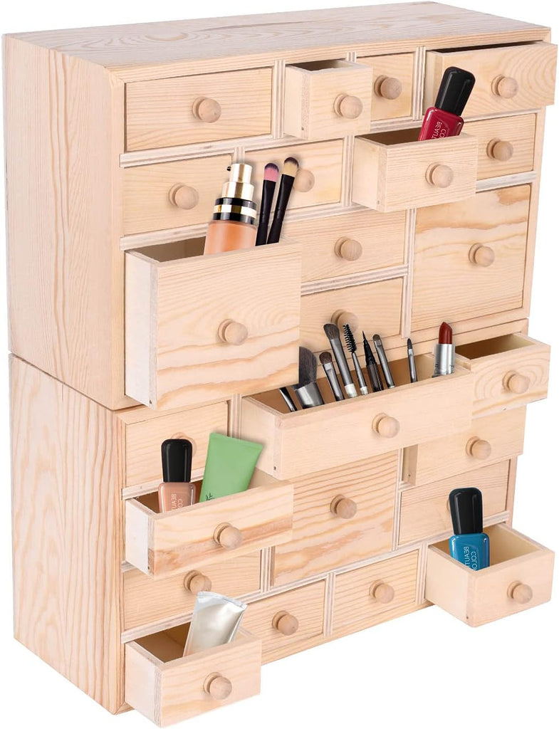 Set of 2 Wooden Countdown to Christmas Advent Calendar,Craft Storage Organizer with 24 Drawers,DIY Unfinished