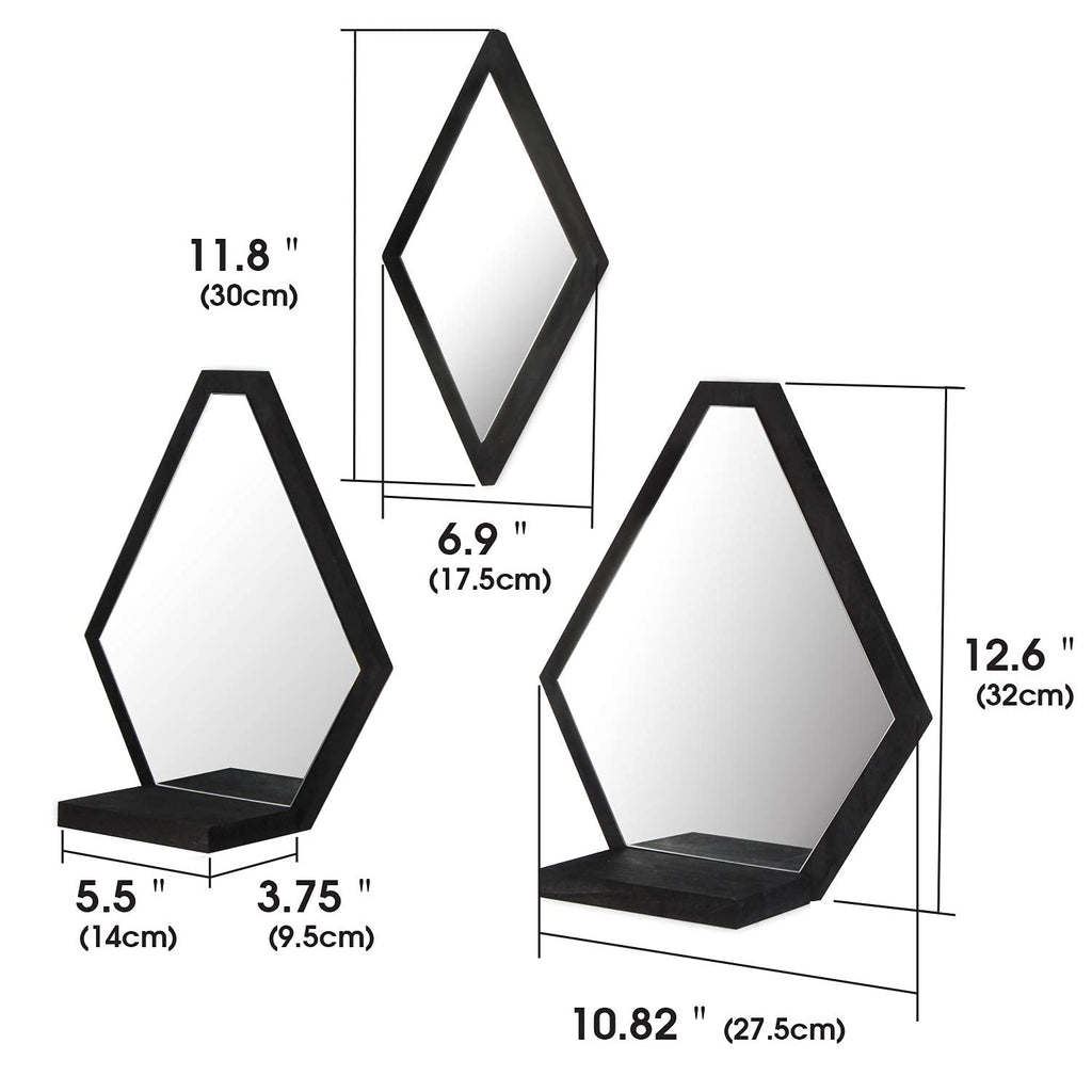 Design Wall Mount Decorative Mirrors- Set of 3, Geometric Rustic Wood Real Mirror with Shelf Wall Art Décor