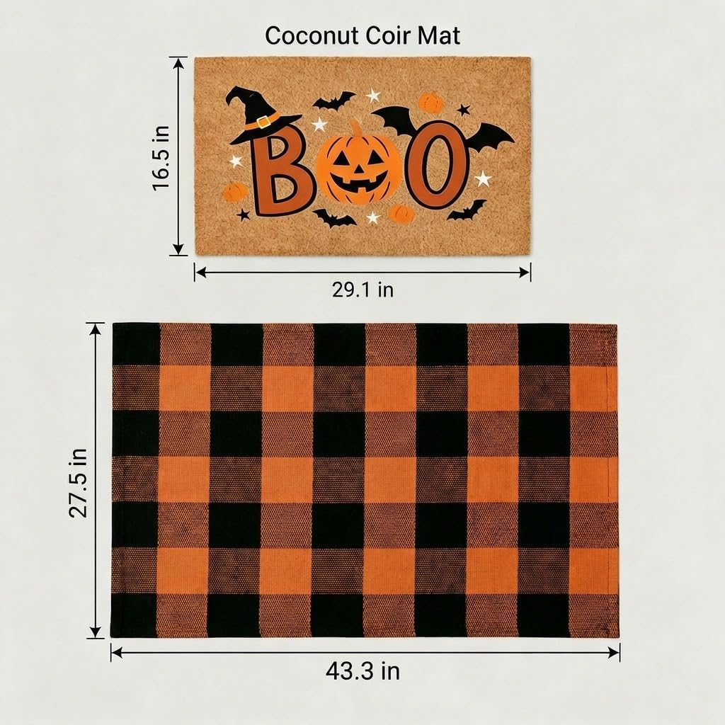 Halloween Layered Front Doormat Set, Boo! Natural Coco Coir Door Mat + 28"x43" Orange Black Buffalo Plaid Rug