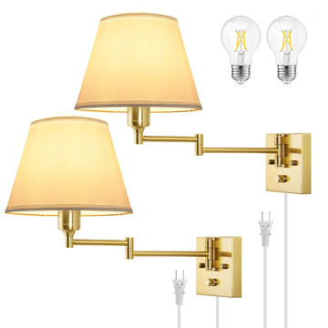 Wall Sconce Plug in, Brushed Brass Dimmable Wall Sconces Set of 2 Swing Arm Wall Lights with Plug in Cord and Dimmer