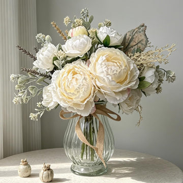 Faux Peonies White Artificial Flowers with Vase, 12.9''