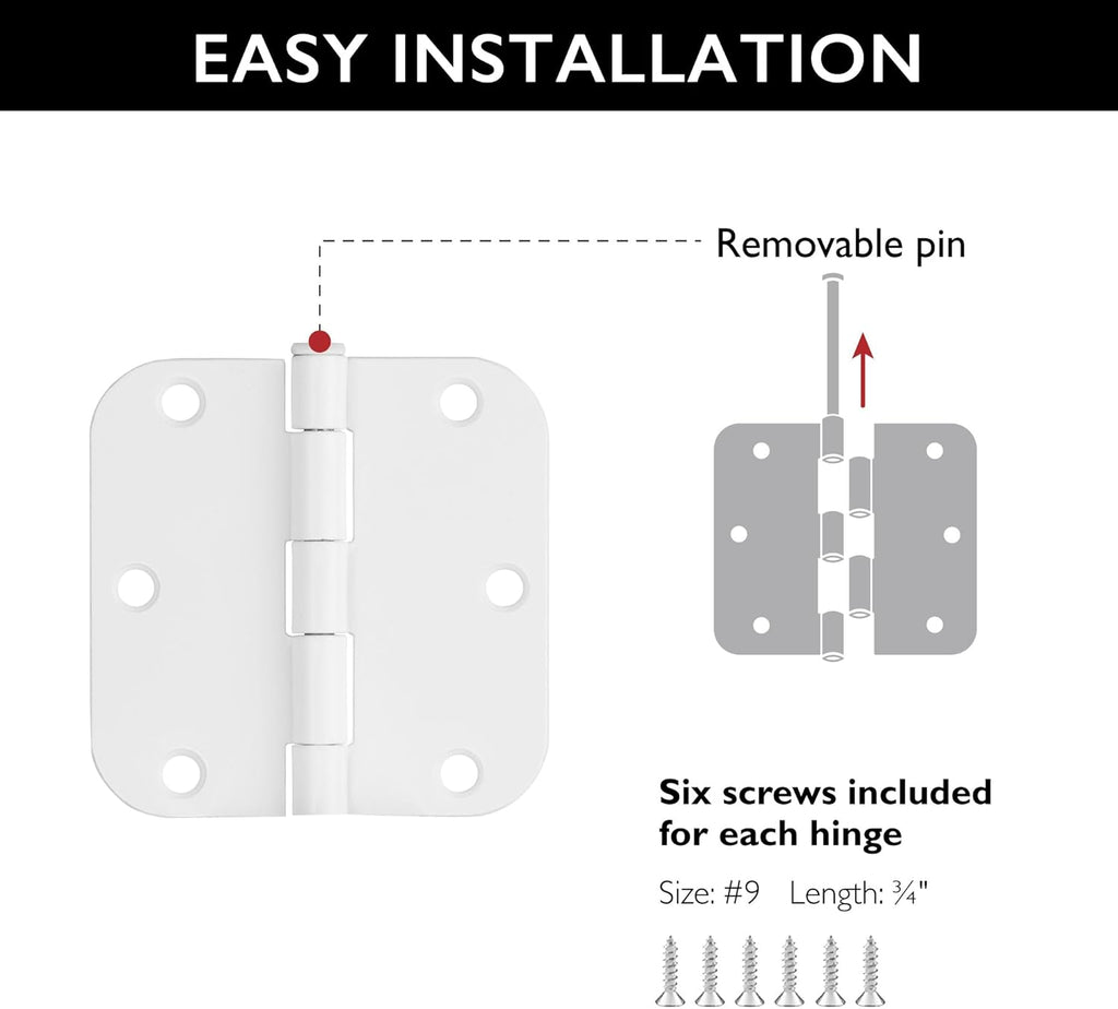 Plain Bearing Door Hinge 9-Pack, 3-1/2 x 3-1/2 in. 5/8 in. Radius, White, Steel, Removable Pin, 189829