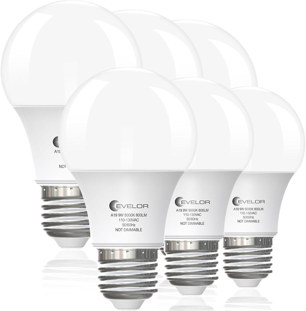 6-Pack A19 LED Light Bulbs,60 Watt Equivalent Daylight 5000K with E26 Base,Efficient 9W,800 Lumens Non-Dimmable LED