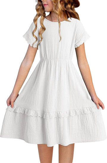 Girls Cotton Short Sleeve Dresses Summer Lace Dress