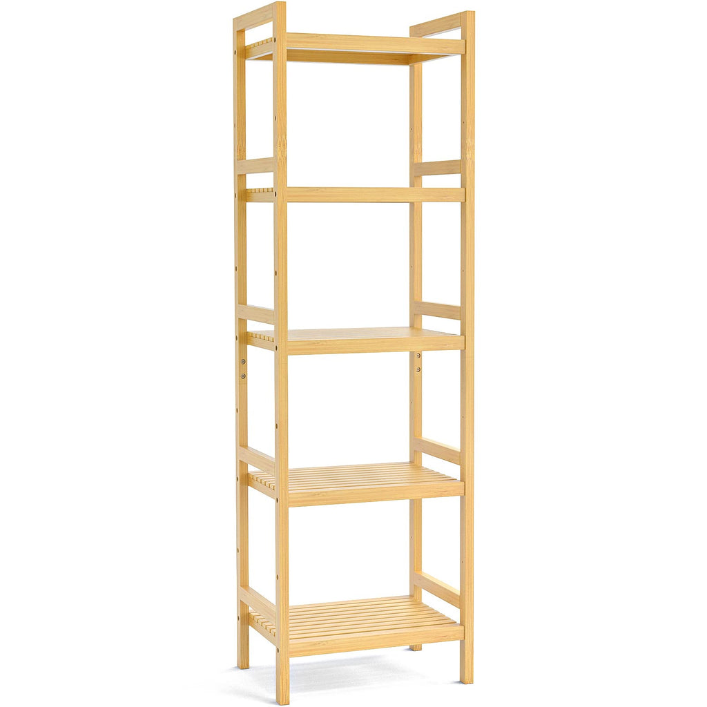5-Tier Bamboo Shelf, 56"H Adjustable Narrow Bookshelf and Bookcase