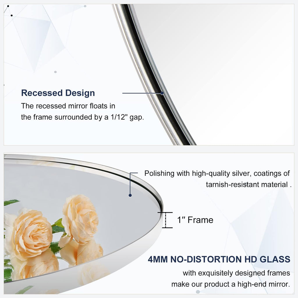 Round Chrome Mirror, 30 inch Round Chrome Mirror, Circle Bathroom Mirror in Stainless Steel Metal Frame