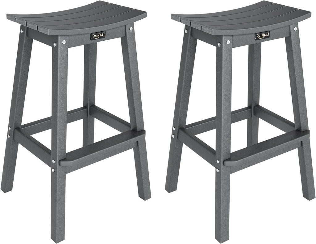 29" Outdoor Bar Stools Set of 2, HDPE Poly Lumber Bar Chairs with Footrest, Weather Resistant Patio Barstools