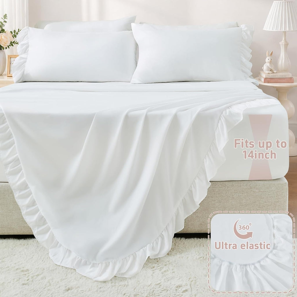 Twin Sheets 4 Pieces - White Sheets with 4-Inch Ruffles Bed Skirt | Soft Washed Microfiber Twin Sheets Set for Girls