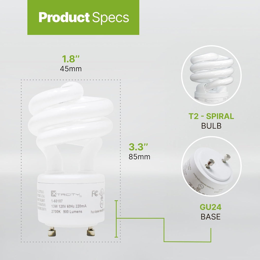 Compact Fluorescent GU24 2 Prong Light Bulb Base, T2 Mini Spiral, 13W (60 Watt Equivalent), 2700k Soft White, 900
