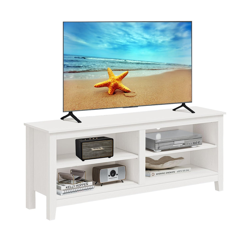 Modern TV Stand for 65 inch TV, White Wood TV Cabinet with 4 Open Storage Shelves, Fits 50-65 Inch TVs, 55 Inches W x