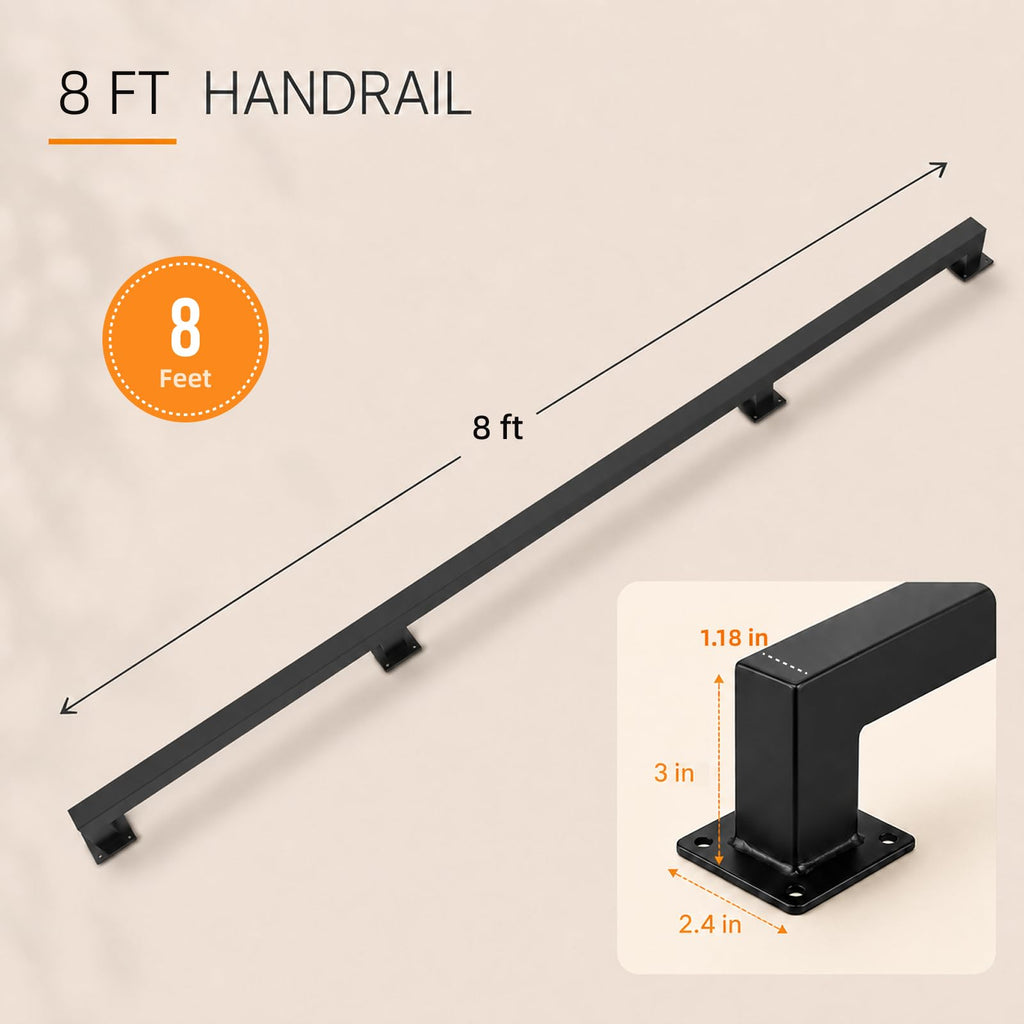 8FT Handrails for Stairs Indoor Outdoor, Step Railing Wall Mounted with Matte Black Finish, Industrial Pipe Hand