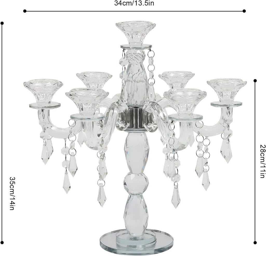 7-Arm Crystal Candle Holder, 14'' Crystal Candelabra with Crystal Pendant, Elegant Crystal Candelabra Candlestick Holder