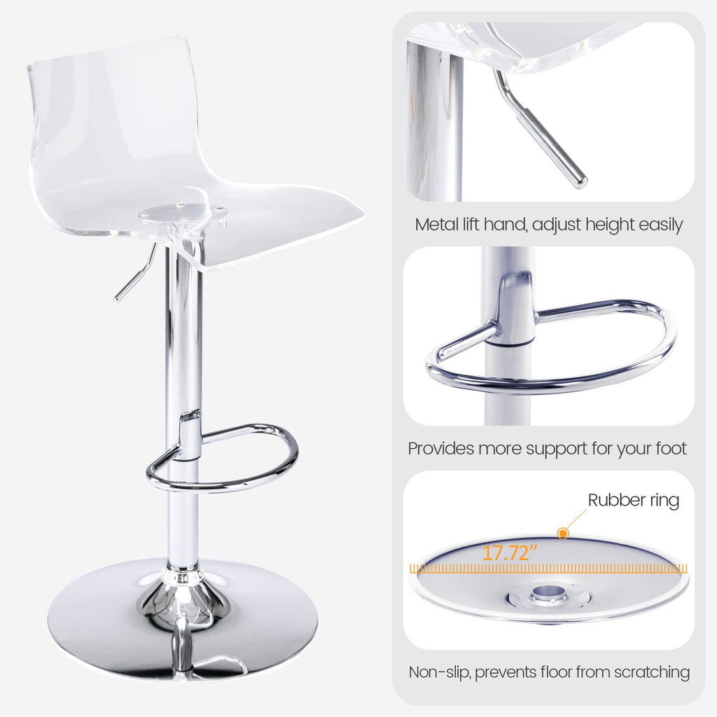 Acrylic Bar Stools with Mid Back Set of 2 Adjustable Swivel Airlift Clear