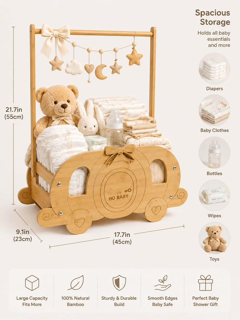 Baby Shower Basket, Wooden Baby Shower Crate with Handle, Pumpkin Carriage Gift Basket for Baby Shower Centerpiece