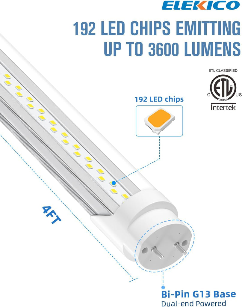 T8 Led Bulbs 4 Foot, 24W 3600LM 6500K Daylight 4' T8 Led Light Bulbs, Ballast Bypass, G13 Base Type B