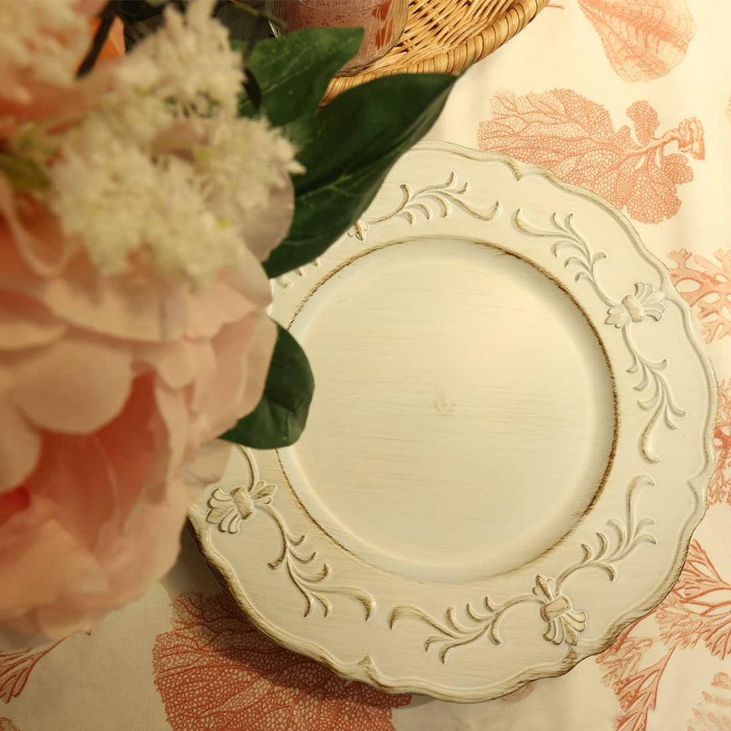White Antique Charger Plate, 13" Embossed Plastic Table Plate Chargers for Dinner, Set of 6 Elegant Decorations for