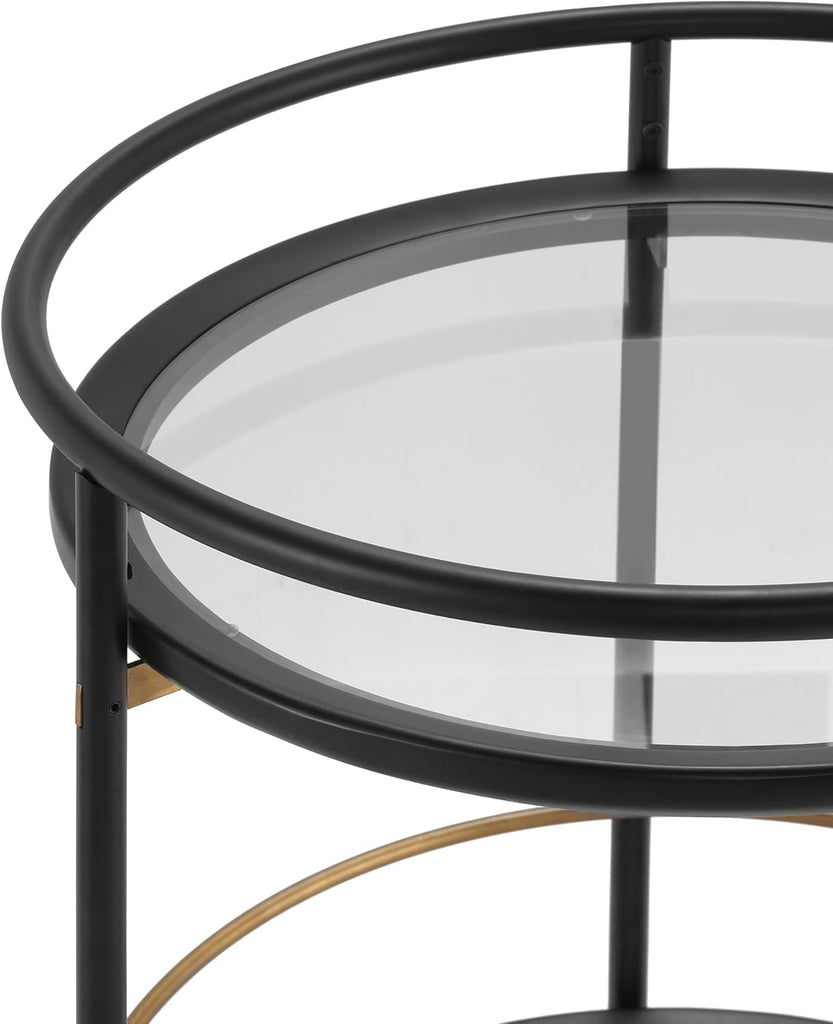 Modern Round Bar Cart with Dual Tempered Glass Shelves, Lockable Wheels and Gold Metal Accents, Rolling Beverage