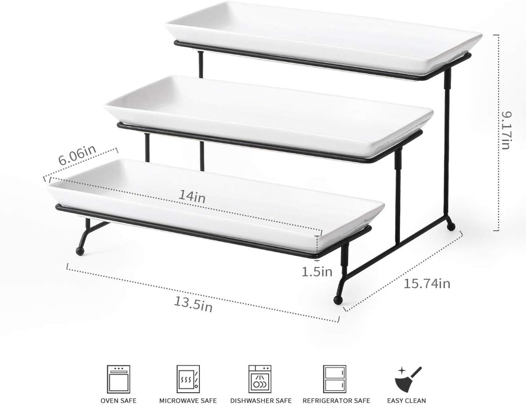 Tier Serving Stand Tiered Tray Stand with 3 Porcelain Serving Platters Trays for Dessert Server Display Collapsible - Set of 4