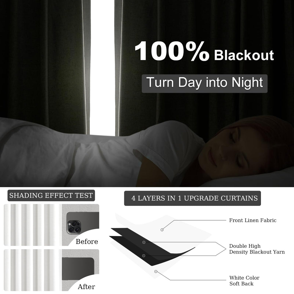 90 inch long 100% Blackout linen curtains 2 Panels set Beige White Window Drapes with Back Tab Rod Pocket Light