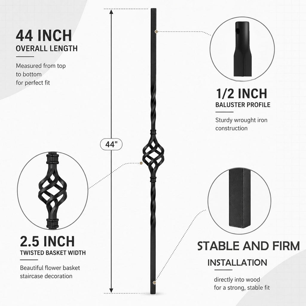 20 Pcs Wrought Iron Stair Balusters, 44" Hollow Single Basket Balusters