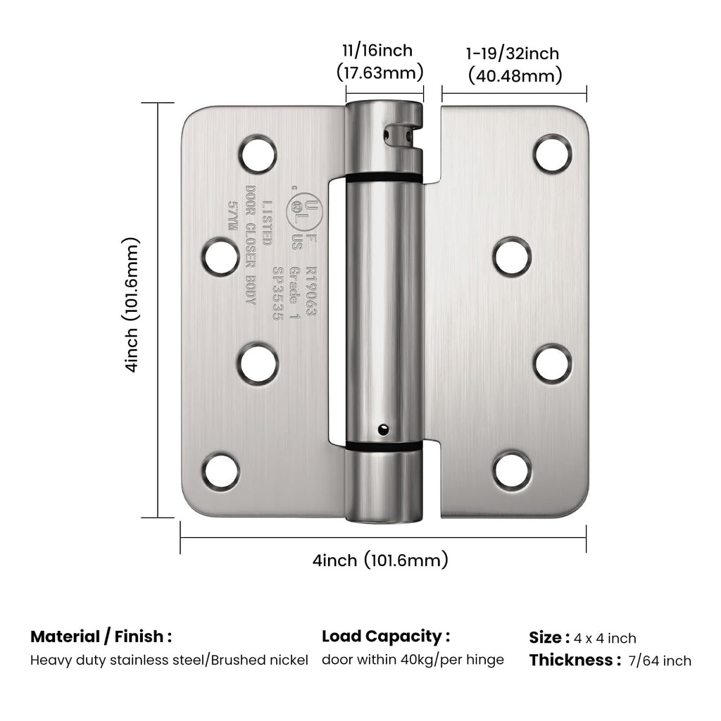 Pack of 2 4 Inch Brushed Nickel Spring Door Hinge 1/4" Radius Corner