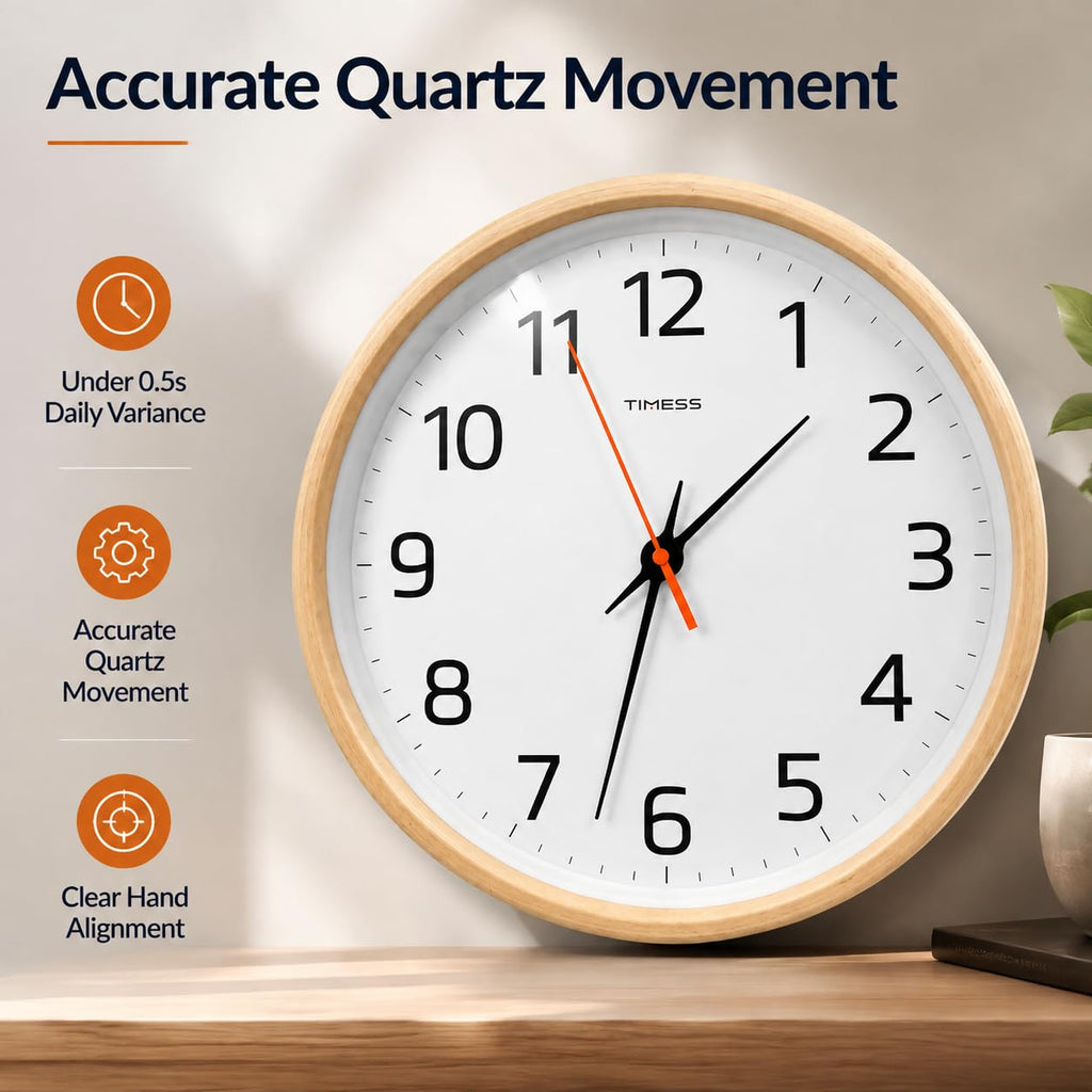 12 Inch Solid Wood Wall Clock Non-Ticking - Minimalist Beechwood Clocks Battery Operated with Accurate Quartz Sweep