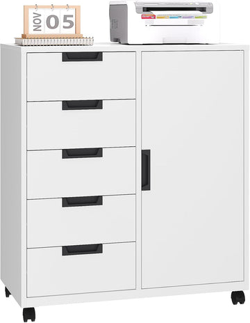 5-Drawer Metal Storage Cabinet with Adjustable Shelves and Wheels, Printer Stand with Storage, Craft Organizers and