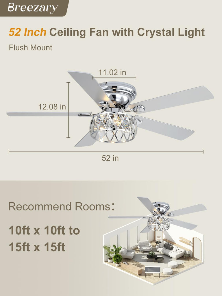 52 Inch Flush Mount Ceiling Fans with Lights and Remote, 5-Blade, 6-Speed Reversible DC Motor, Modern Low Profile