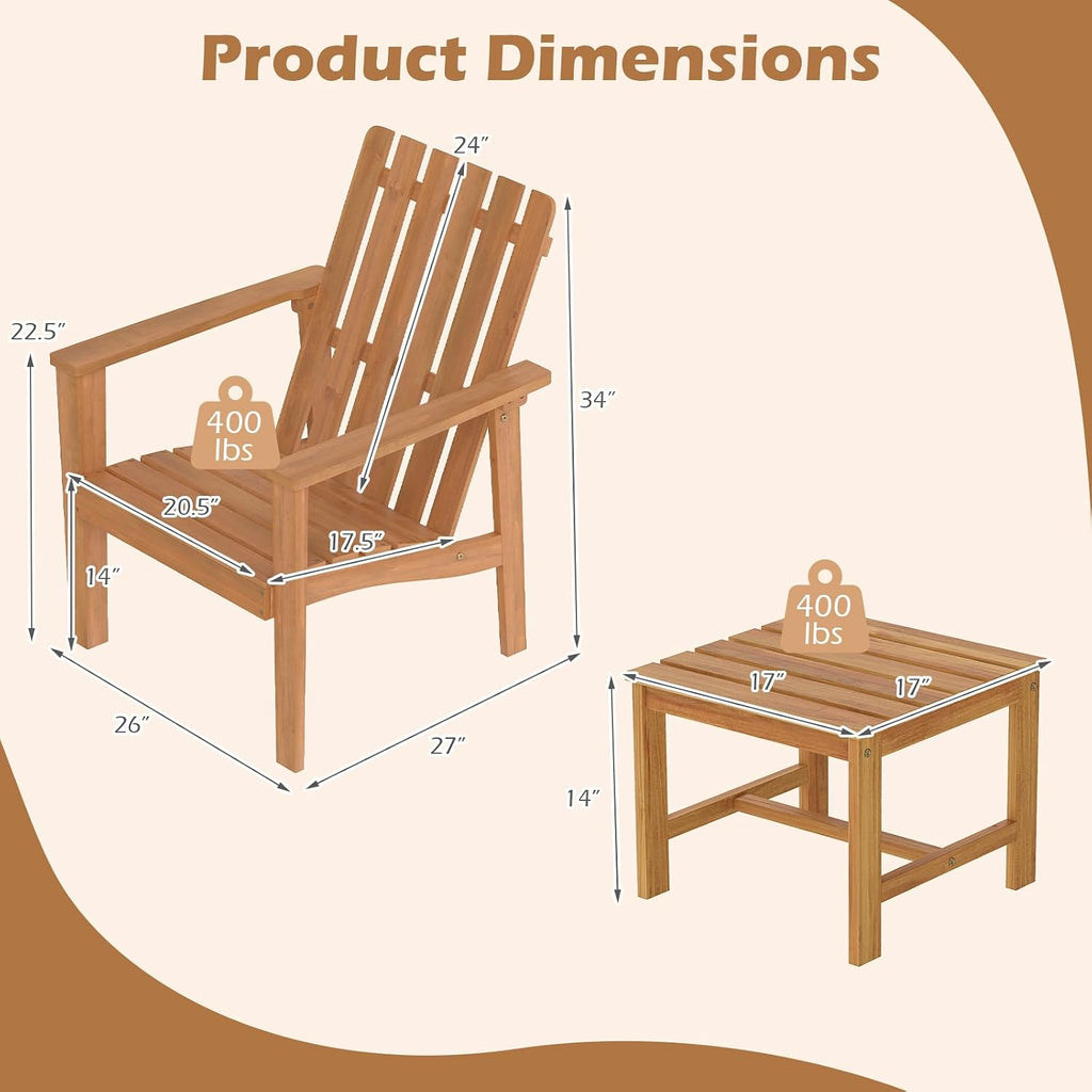 Adirondack Chair Set of 2 with Side Table, Outdoor Patio Chairs with Built-in Backrests and Armrests, Acacia Wood