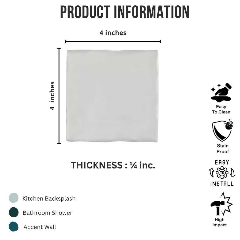 4x4 Inch HTCFD Premium Quality White Matte Zellige Ceramic Tile with Subtle Shimmer | Handmade Look Moroccan Square