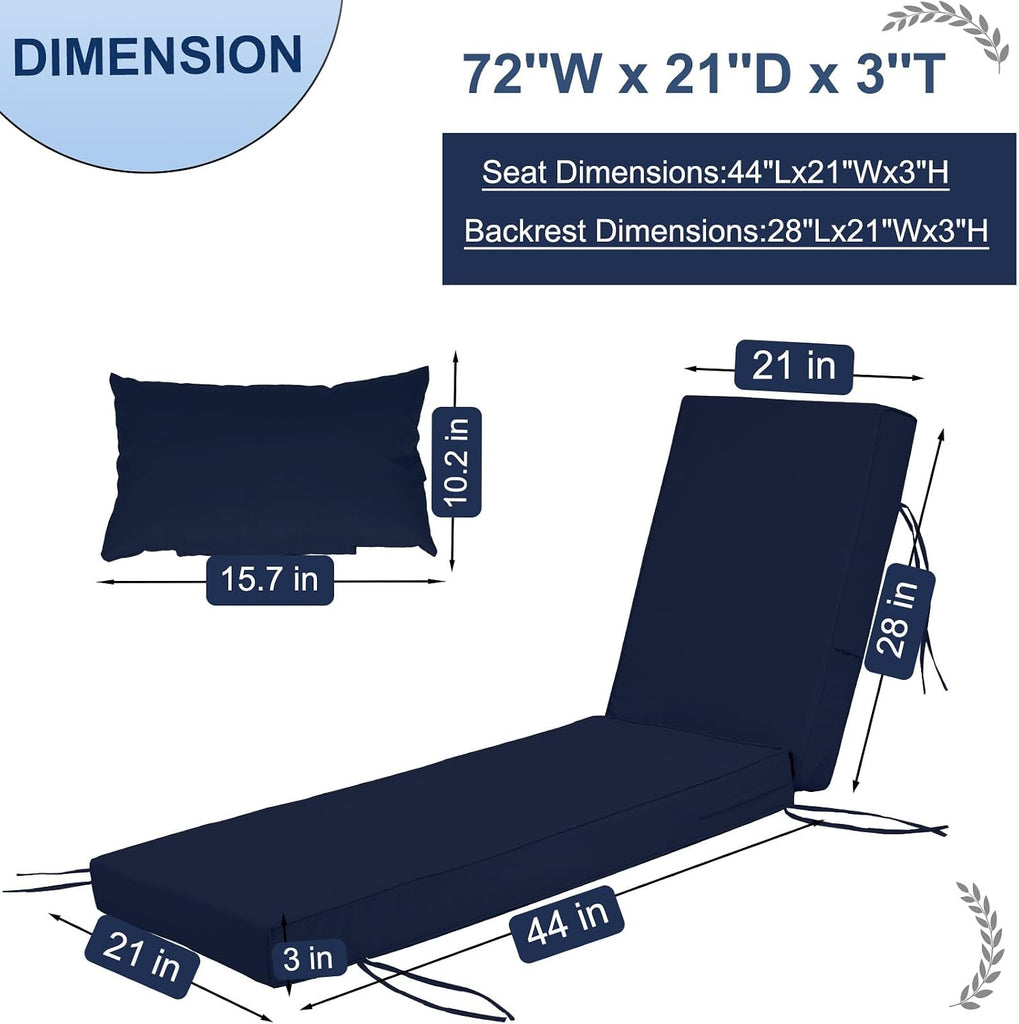 Outdoor Chaise Lounge Cushions Set of 2, Waterproof Fade Resistant Patio Lounger Cushion with Removable Cover
