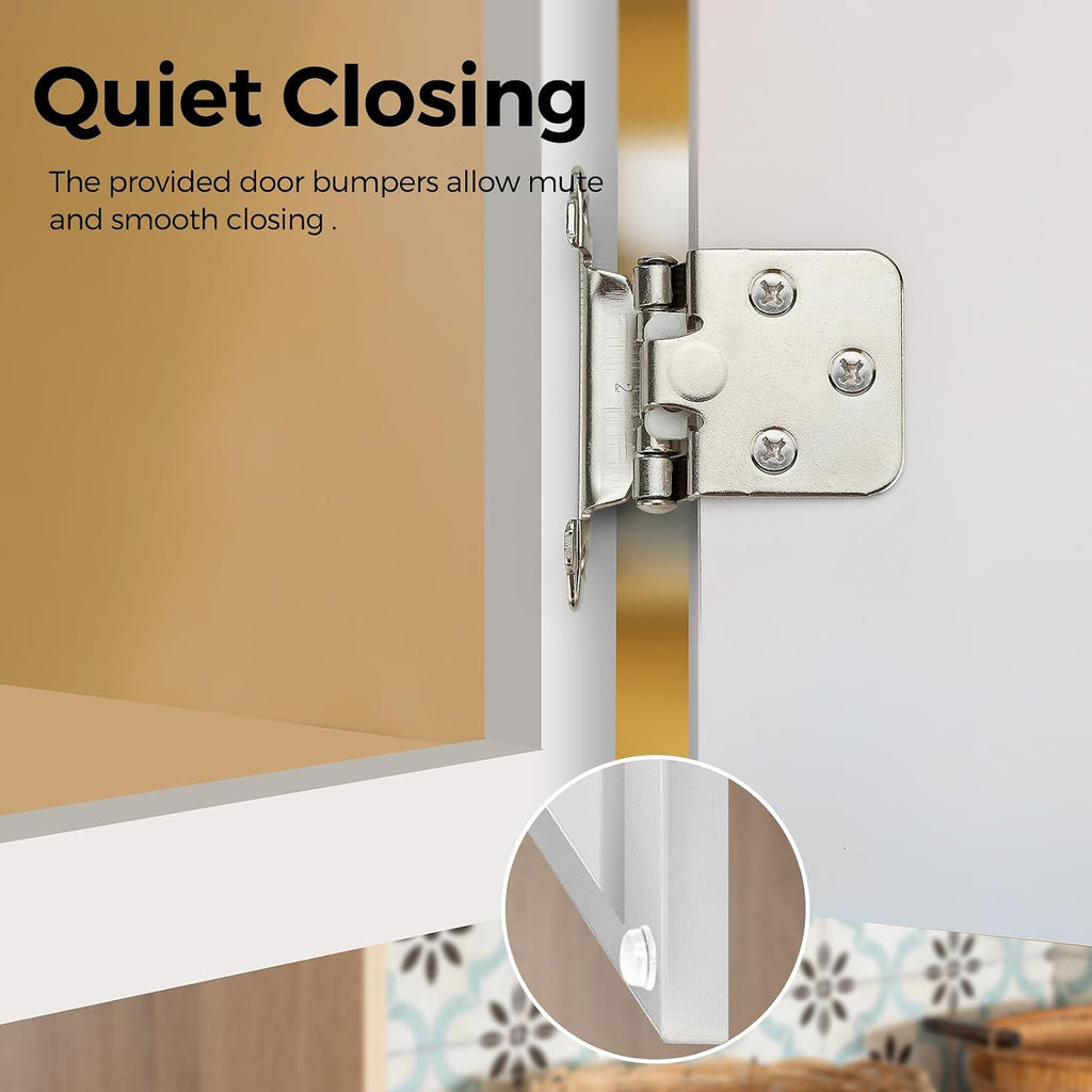 30 Pack 15 Pair Brushed Nickel Cabinet Hinges - 1/2 inch Overlay Kitchen Cabinet Hinges, Semi-Concealed Hinges, Self