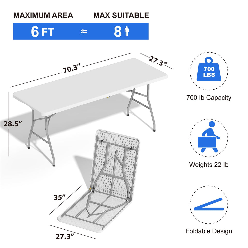 6FT Folding Tables for Camping Party Picnic, School, 8 Pack, White