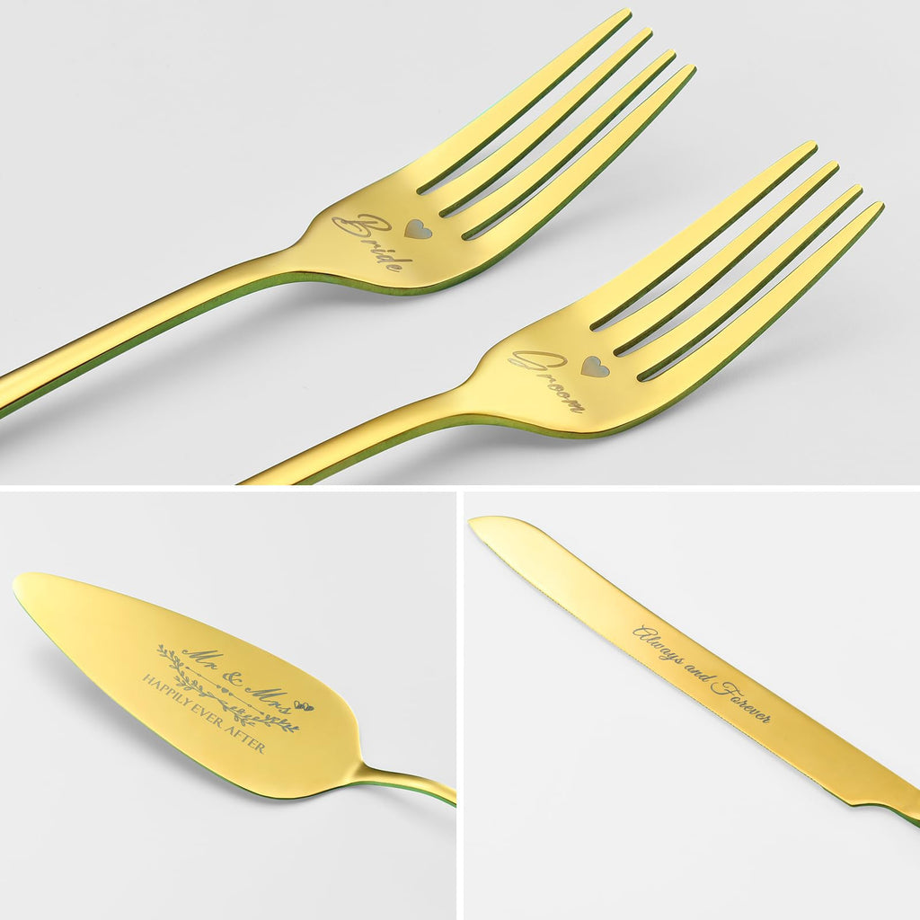 Wedding Cake Knife and Server Set with Forks, Gold 4-Piece